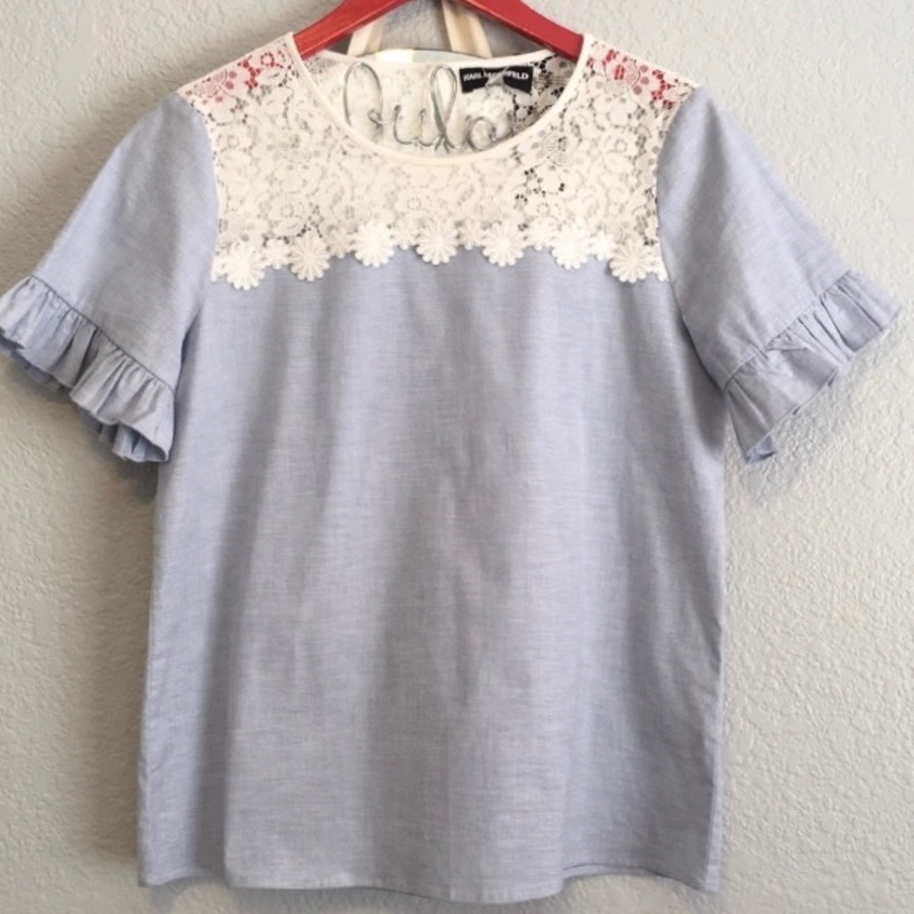 EUC KARL LAGERFELD PARIS BLUE CHAMBRAY WITH WHITE LACE RUFFLE SLEEVE BLOUSE M
